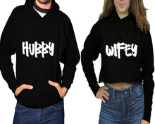 Load image into Gallery viewer, Hubby and Wifey hoodies, Matching couple hoodies, Black pullover hoodie for man Black crop top hoodie for woman