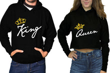 將圖片載入圖庫檢視器 King and Queen hoodies, Matching couple hoodies, Black pullover hoodie for man Black crop top hoodie for woman