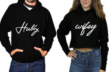 Load image into Gallery viewer, Hubby and Wifey hoodies, Matching couple hoodies, Black pullover hoodie for man Black crop hoodie for woman
