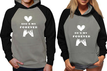Load image into Gallery viewer, She's My Forever and He's My Forever raglan hoodies, Matching couple hoodies, Black Grey his and hers man and woman contrast raglan hoodies