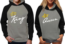 將圖片載入圖庫檢視器 King and Queen raglan hoodies, Matching couple hoodies, Black Grey King Queen design on man and woman hoodies