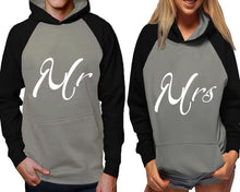 Load image into Gallery viewer, Mr and Mrs raglan hoodies, Matching couple hoodies, Black Grey his and hers man and woman contrast raglan hoodies