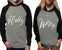 Load image into Gallery viewer, Hubby and Wifey raglan hoodies, Matching couple hoodies, Black Grey his and hers man and woman contrast raglan hoodies