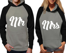 Load image into Gallery viewer, Mr and Mrs raglan hoodies, Matching couple hoodies, Black Grey his and hers man and woman contrast raglan hoodies