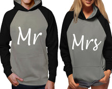 Load image into Gallery viewer, Mr and Mrs raglan hoodies, Matching couple hoodies, Black Grey his and hers man and woman contrast raglan hoodies