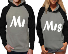 Load image into Gallery viewer, Mr and Mrs raglan hoodies, Matching couple hoodies, Black Grey his and hers man and woman contrast raglan hoodies
