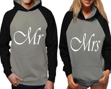Load image into Gallery viewer, Mr and Mrs raglan hoodies, Matching couple hoodies, Black Grey his and hers man and woman contrast raglan hoodies