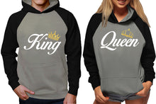 將圖片載入圖庫檢視器 King and Queen raglan hoodies, Matching couple hoodies, Black Grey King Queen design on man and woman hoodies