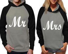 Load image into Gallery viewer, Mr and Mrs raglan hoodies, Matching couple hoodies, Black Grey his and hers man and woman contrast raglan hoodies