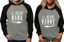 Load image into Gallery viewer, She's My Baby Mama and He's My Baby Daddy raglan hoodies, Matching couple hoodies, Black Grey his and hers man and woman contrast raglan hoodies