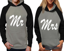 Load image into Gallery viewer, Mr and Mrs raglan hoodies, Matching couple hoodies, Black Grey his and hers man and woman contrast raglan hoodies