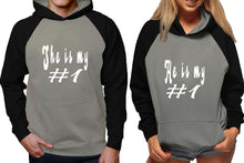 Load image into Gallery viewer, She's My Number 1 and He's My Number 1 raglan hoodies, Matching couple hoodies, Black Grey his and hers man and woman contrast raglan hoodies
