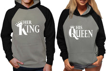 Load image into Gallery viewer, Her King and His Queen raglan hoodies, Matching couple hoodies, Black Grey King Queen design on man and woman hoodies