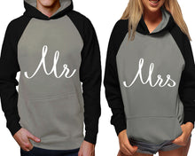 Load image into Gallery viewer, Mr and Mrs raglan hoodies, Matching couple hoodies, Black Grey his and hers man and woman contrast raglan hoodies
