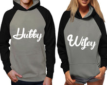 Load image into Gallery viewer, Hubby and Wifey raglan hoodies, Matching couple hoodies, Black Grey his and hers man and woman contrast raglan hoodies