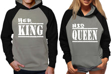 Load image into Gallery viewer, Her King and His Queen raglan hoodies, Matching couple hoodies, Black Grey King Queen design on man and woman hoodies