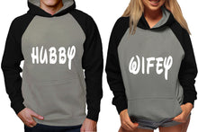 Load image into Gallery viewer, Hubby and Wifey raglan hoodies, Matching couple hoodies, Black Grey King Queen design on man and woman hoodies