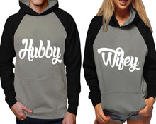 Load image into Gallery viewer, Hubby and Wifey raglan hoodies, Matching couple hoodies, Black Grey his and hers man and woman contrast raglan hoodies