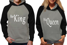Load image into Gallery viewer, Her King and His Queen raglan hoodies, Matching couple hoodies, Black Grey King Queen design on man and woman hoodies
