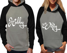Load image into Gallery viewer, Hubby and Wifey raglan hoodies, Matching couple hoodies, Black Grey his and hers man and woman contrast raglan hoodies