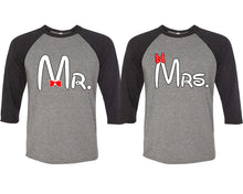 Load image into Gallery viewer, Mr and Mrs matching couple baseball shirts.Couple shirts, Black Grey 3/4 sleeve baseball t shirts. Couple matching shirts.
