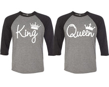 Load image into Gallery viewer, King and Queen matching couple baseball shirts.Couple shirts, Black Grey 3/4 sleeve baseball t shirts. Couple matching shirts.