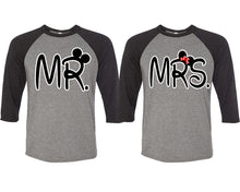 Load image into Gallery viewer, Mr and Mrs matching couple baseball shirts.Couple shirts, Black Grey 3/4 sleeve baseball t shirts. Couple matching shirts.