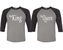 Load image into Gallery viewer, Her King and His Queen matching couple baseball shirts.Couple shirts, Black Grey 3/4 sleeve baseball t shirts. Couple matching shirts.