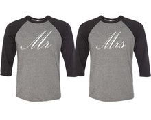 Load image into Gallery viewer, Mr and Mrs matching couple baseball shirts.Couple shirts, Black Grey 3/4 sleeve baseball t shirts. Couple matching shirts.