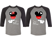 Load image into Gallery viewer, She's Mine and He's Mine matching couple baseball shirts.Couple shirts, Black Grey 3/4 sleeve baseball t shirts. Couple matching shirts.