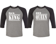Load image into Gallery viewer, Her King and His Queen matching couple baseball shirts.Couple shirts, Black Grey 3/4 sleeve baseball t shirts. Couple matching shirts.