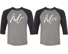 Load image into Gallery viewer, Mr and Mrs matching couple baseball shirts.Couple shirts, Black Grey 3/4 sleeve baseball t shirts. Couple matching shirts.