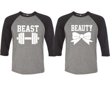 Load image into Gallery viewer, Beast and Beauty matching couple baseball shirts.Couple shirts, Black Grey 3/4 sleeve baseball t shirts. Couple matching shirts.