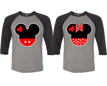 Load image into Gallery viewer, Mickey and Minnie matching couple baseball shirts.Couple shirts, Black Grey 3/4 sleeve baseball t shirts. Couple matching shirts.