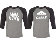 Load image into Gallery viewer, King and Queen matching couple baseball shirts.Couple shirts, Black Grey 3/4 sleeve baseball t shirts. Couple matching shirts.