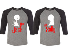 Load image into Gallery viewer, Her Jack and His Sally matching couple baseball shirts.Couple shirts, Black Grey 3/4 sleeve baseball t shirts. Couple matching shirts.
