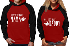 Load image into Gallery viewer, She's My Baby Mama and He's My Baby Daddy raglan hoodies, Matching couple hoodies, Black Maroon his and hers man and woman contrast raglan hoodies