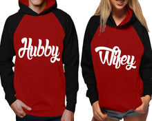 Load image into Gallery viewer, Hubby and Wifey raglan hoodies, Matching couple hoodies, Black Maroon his and hers man and woman contrast raglan hoodies