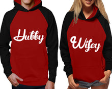 Load image into Gallery viewer, Hubby and Wifey raglan hoodies, Matching couple hoodies, Black Maroon his and hers man and woman contrast raglan hoodies