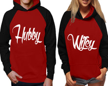 Load image into Gallery viewer, Hubby and Wifey raglan hoodies, Matching couple hoodies, Black Maroon his and hers man and woman contrast raglan hoodies