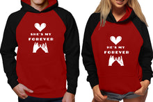 Load image into Gallery viewer, She's My Forever and He's My Forever raglan hoodies, Matching couple hoodies, Black Maroon his and hers man and woman contrast raglan hoodies