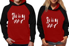 Load image into Gallery viewer, She's My Number 1 and He's My Number 1 raglan hoodies, Matching couple hoodies, Black Maroon his and hers man and woman contrast raglan hoodies