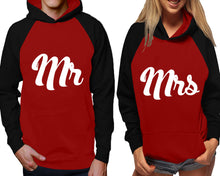 Load image into Gallery viewer, Mr and Mrs raglan hoodies, Matching couple hoodies, Black Maroon his and hers man and woman contrast raglan hoodies