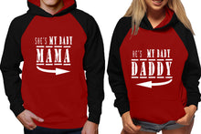 Load image into Gallery viewer, She's My Baby Mama and He's My Baby Daddy raglan hoodies, Matching couple hoodies, Black Maroon his and hers man and woman contrast raglan hoodies