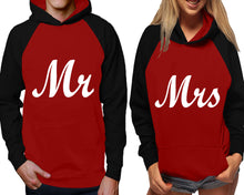 Load image into Gallery viewer, Mr and Mrs raglan hoodies, Matching couple hoodies, Black Maroon his and hers man and woman contrast raglan hoodies