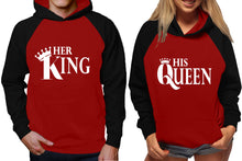 Load image into Gallery viewer, Her King and His Queen raglan hoodies, Matching couple hoodies, Black Maroon King Queen design on man and woman hoodies