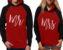 Load image into Gallery viewer, Mr and Mrs raglan hoodies, Matching couple hoodies, Black Maroon his and hers man and woman contrast raglan hoodies