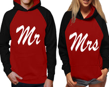 Load image into Gallery viewer, Mr and Mrs raglan hoodies, Matching couple hoodies, Black Maroon his and hers man and woman contrast raglan hoodies