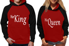 Load image into Gallery viewer, Her King and His Queen raglan hoodies, Matching couple hoodies, Black Maroon King Queen design on man and woman hoodies