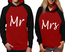 Load image into Gallery viewer, Mr and Mrs raglan hoodies, Matching couple hoodies, Black Maroon his and hers man and woman contrast raglan hoodies